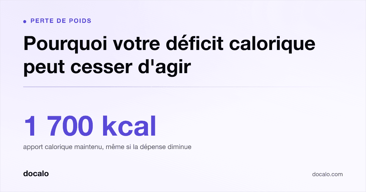 Docalo article card, Perte de poids: “Pourquoi votre déficit calorique peut cesser d'agir”. 1 700 kcal apport calorique maintenu, même si la dépense diminue.