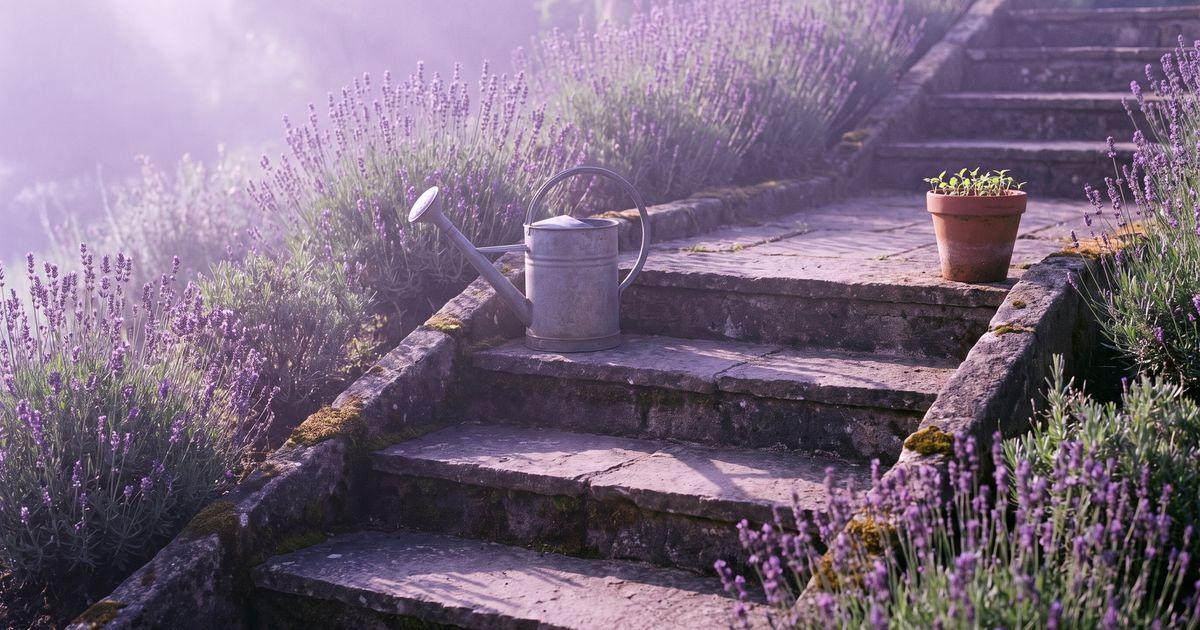 Low stone garden steps rising through lavender, with a watering can on one step and a pot of seedlings at the top.
